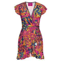 Lina Flounce Wrap Dress - Psychedelic Retro Pink Orange Green Abstract Multicolor Geometric Print - Tea Dress - Handmade in England