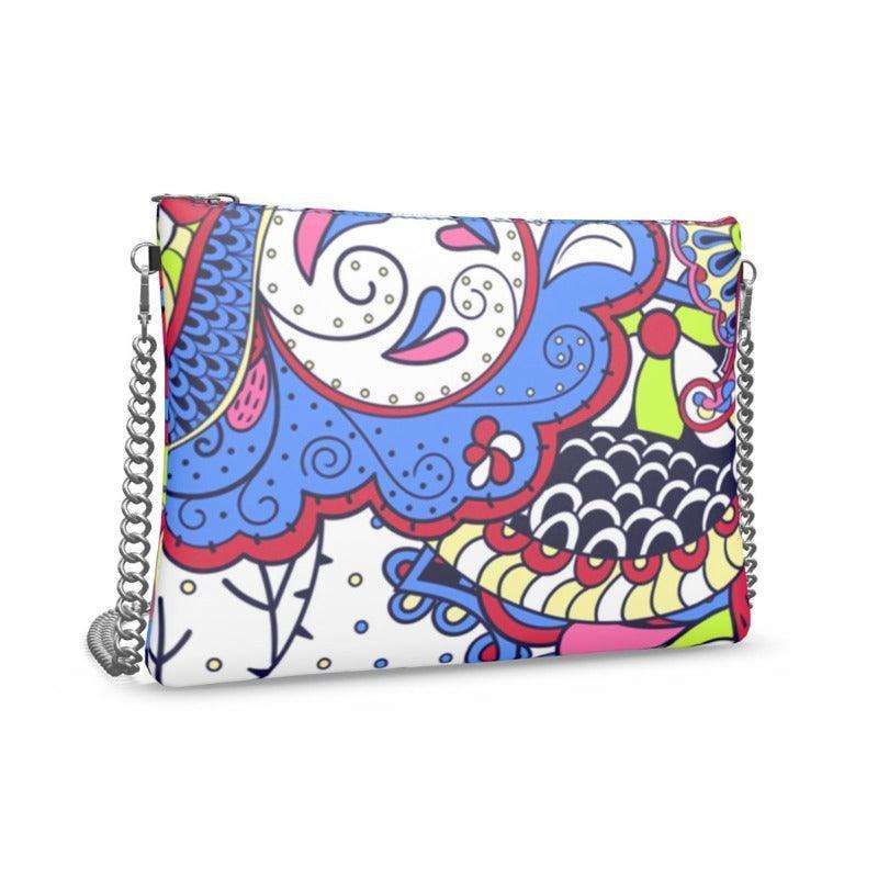 Sechia Retro Abstract Paisley Floral Print Crossbody Leather Chain Bag Square Handmade in England Textured Leather