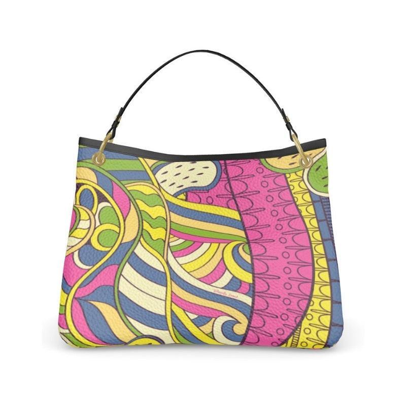 Suki Textured Leather Slouch Bag - Psychedelic Geometric Retro Abstract Print Handbag - Nappa - Handmade in England - Yellow Green Pink - Detachable Handle - Shoulder