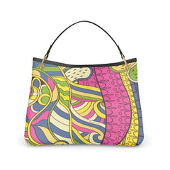 Suki Textured Leather Slouch Bag - Psychedelic Geometric Retro Abstract Print Handbag - Nappa - Handmade in England - Yellow Green Pink - Detachable Handle - Shoulder