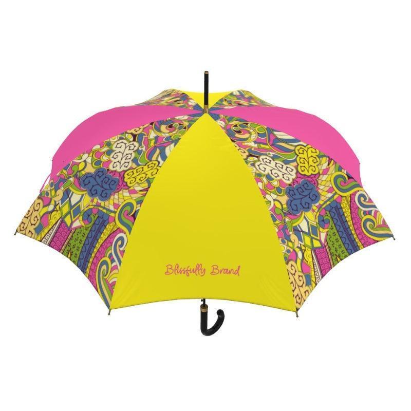 Suki English Style Umbrella - Psychedelic Paisley Pattern Color Block Rose Pink Yellow Kaleidoscope Print Retro Vibrant Boho Windproof Wind Proof