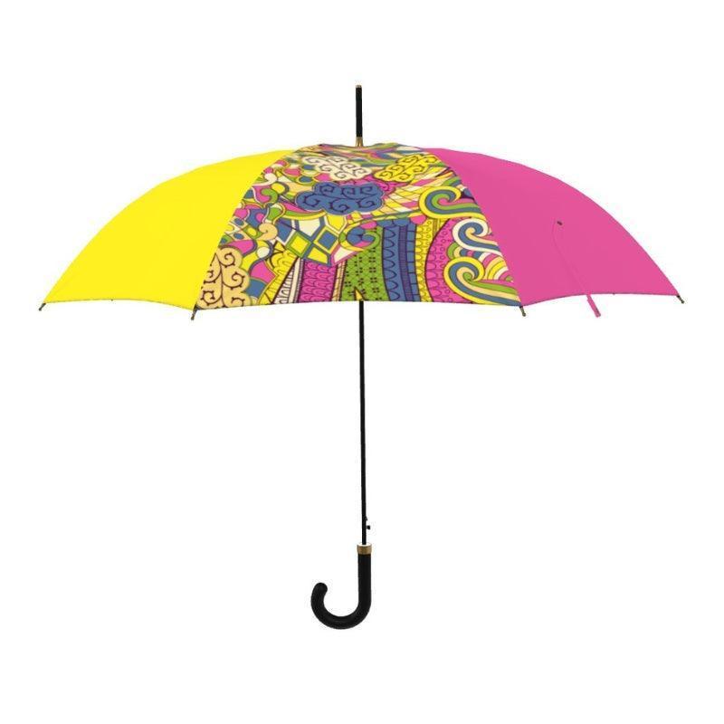 Suki English Style Umbrella - Psychedelic Paisley Pattern Color Block Rose Pink Yellow Kaleidoscope Print Retro Vibrant Boho Windproof Wind Proof