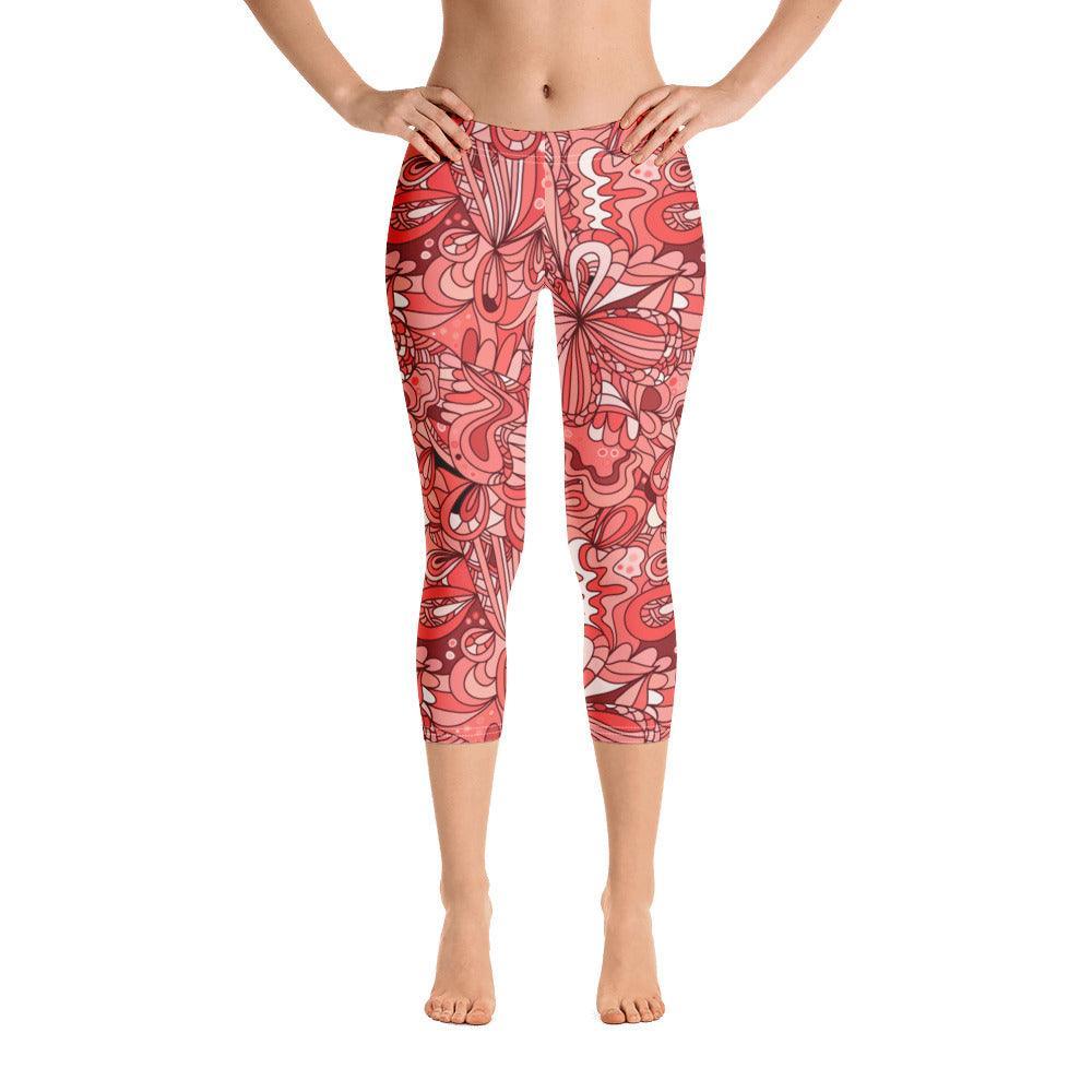 Citra Mid-Rise Capri Cropped Leggings - Abstract All Over Floral Print - Pink | Red - Everyday Soft & Comfortable