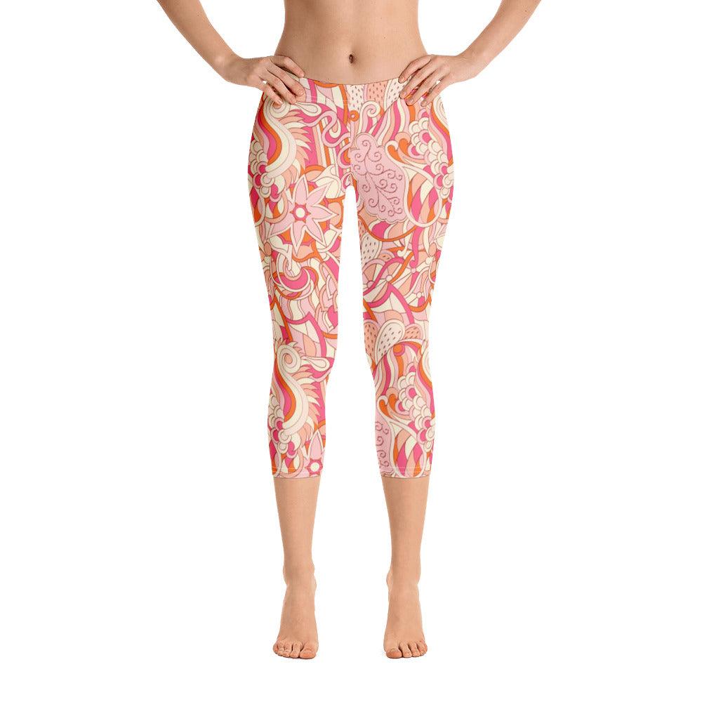 Keki Mid-Rise Capri Leggings - Abstract Paisley Floral Print - Pink