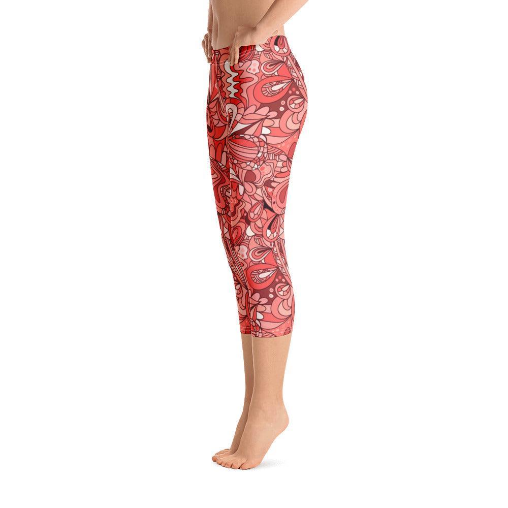 Citra Capri Cropped Leggings - Abstract All Over Floral Print - Pink | Red - Everyday Soft & Comfortable