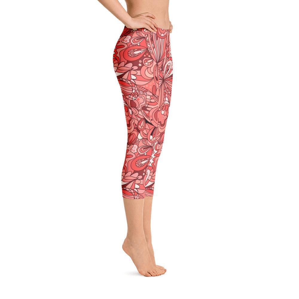 Citra Capri Cropped Leggings - Abstract All Over Floral Print - Pink | Red - Everyday Soft & Comfortable