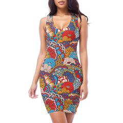 Opula Mini Bodycon Dress - Vibrant Boho Retro Paisley Floral Print Flower Power Funky Exciting Multicolor