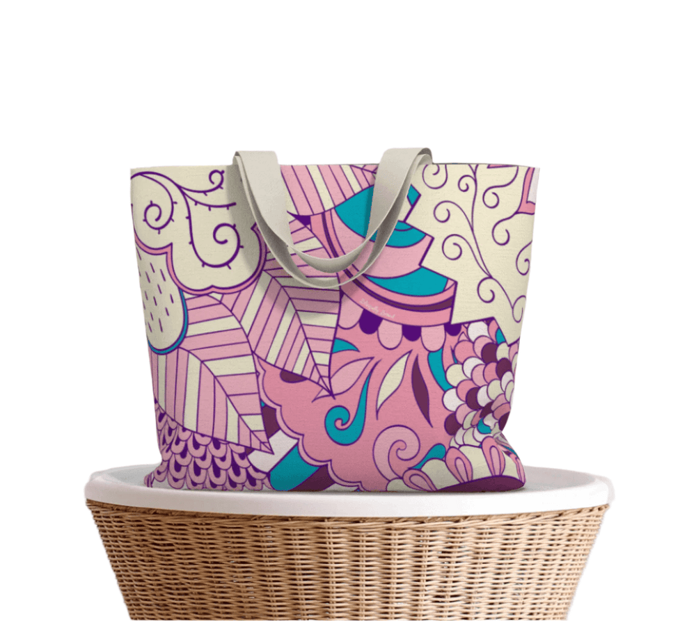 Antina Canvas Carry All Tote Bag - Pink / Cyan Abstract Psychedelic Floral Print