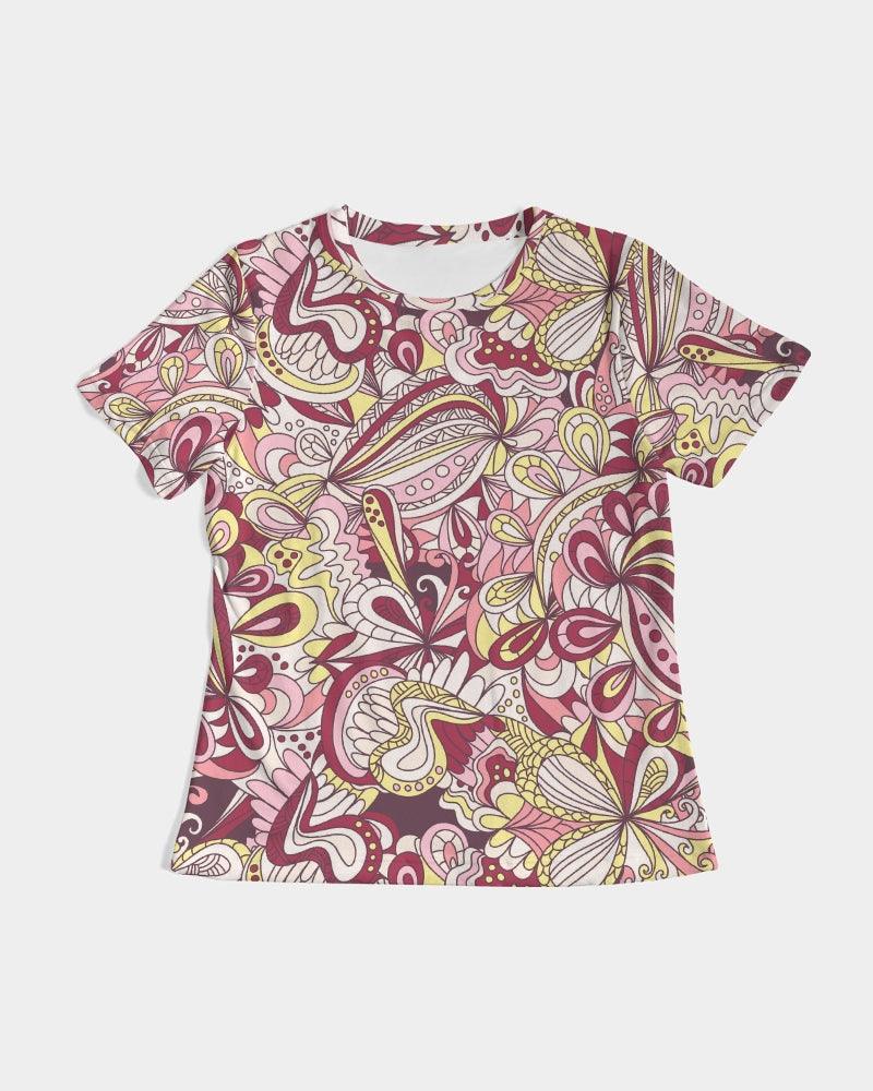 Piki Fitted Crew Neck Tee - Abstract Floral Print Pink Red Yellow