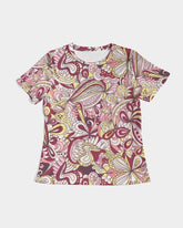 Piki Fitted Crew Neck Tee - Abstract Floral Print Pink Red Yellow