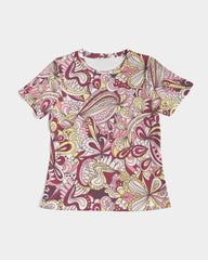 Piki Fitted Crew Neck Tee - Abstract Floral Print Pink Red Yellow
