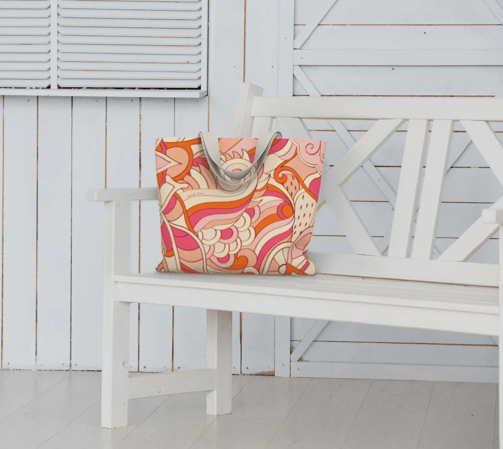 Keki Canvas Carry All Tote Bag - Retro Psychedelic Abstract Print in Pink - Orange - Cotton - Market Shopper