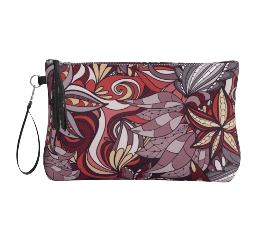 Biei Vegan Leather Wristlet Clutch Pouch - Abstract Floral Print Textured Faux Retro Mandala Red Pink Orange Makeup Bag