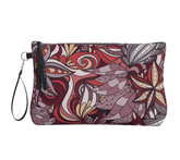 Biei Vegan Leather Wristlet Clutch Pouch - Abstract Floral Print Textured Faux Retro Mandala Red Pink Orange Makeup Bag