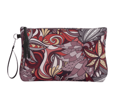 Biei Vegan Leather Wristlet Clutch Pouch - Abstract Floral Print Textured Faux Retro Mandala Red Pink Orange Makeup Bag