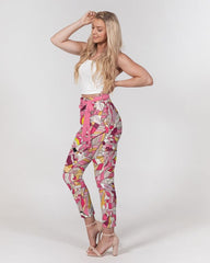 Perl Women's Belted Tapered Pants - Pink Kaleidoscope Abstract Print in Chiffon