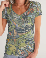 Jana Fitted V-Neck Women's Tee Top - Abstract Psychedelic Kaleidoscope Print