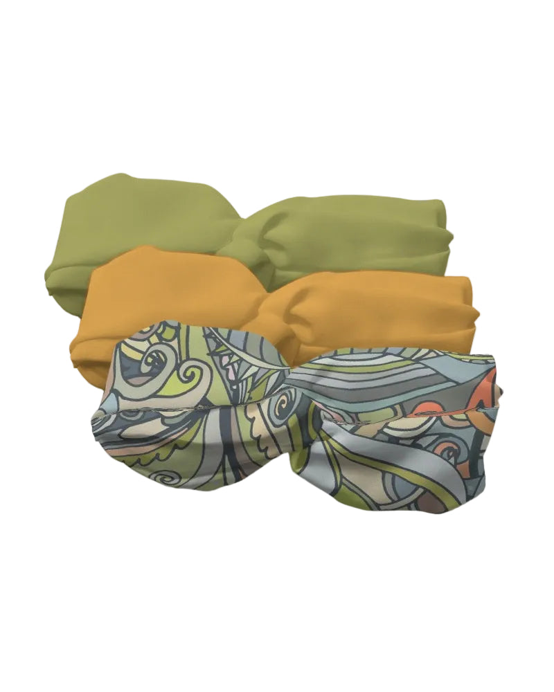 Jana print twist knot headband set of 3 with elastic back—Jana print, Fire Bush Yellow solid, and Dark Olive Green solid, double lined polyester headbands - Blissfully Brand