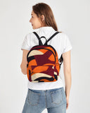 Retro abstract mini canvas backpack with geometric pattern in orange, burgundy, black, and cream. Stylish small backpack with front zipper pocket and colorful Pop Art Retro 70s inspired design