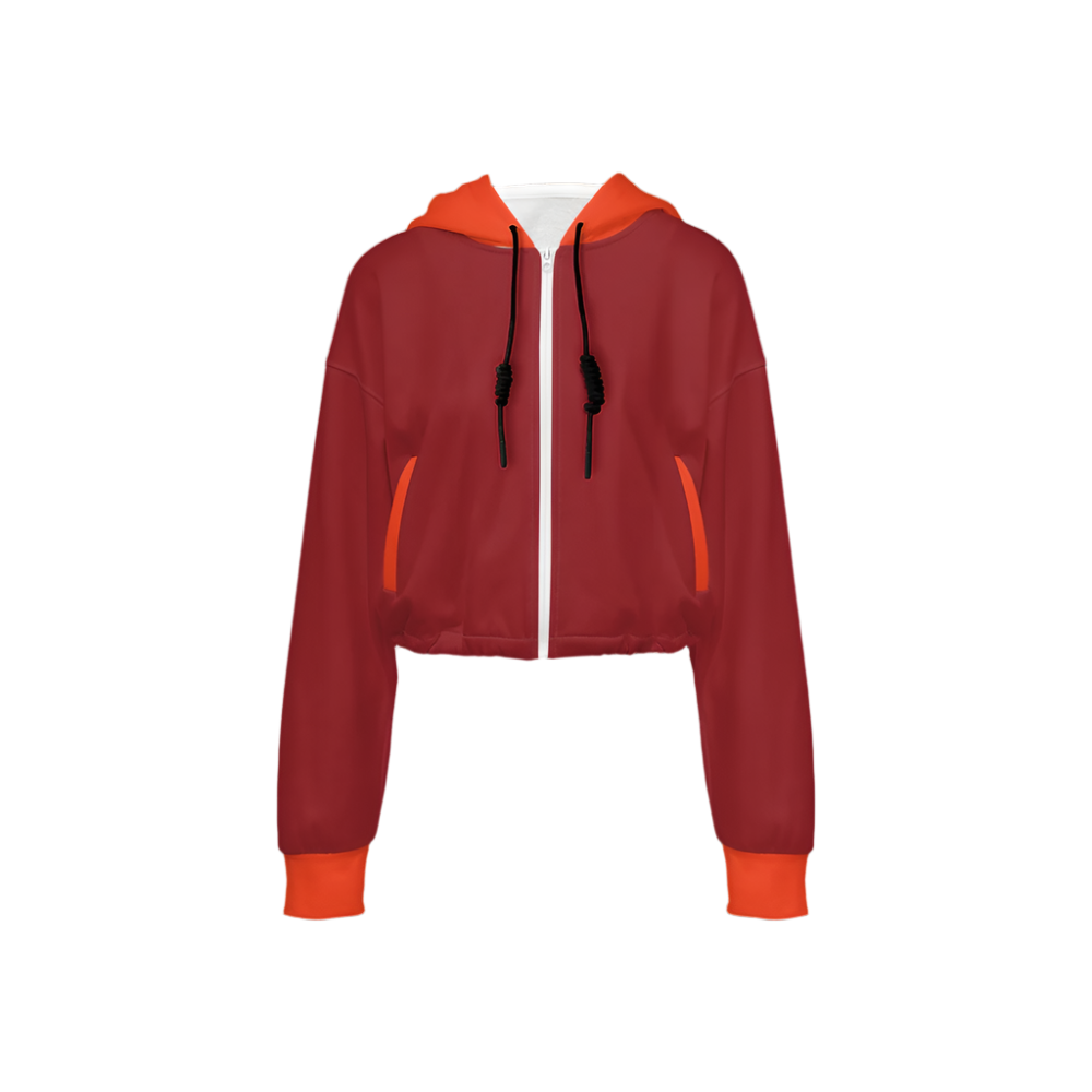 Red cropped zip-up hoodie with orange accents, featuring thumbholes and front pockets. Made from sustainable materials. - Eco Friendly Athleisure - Blissfully Brand