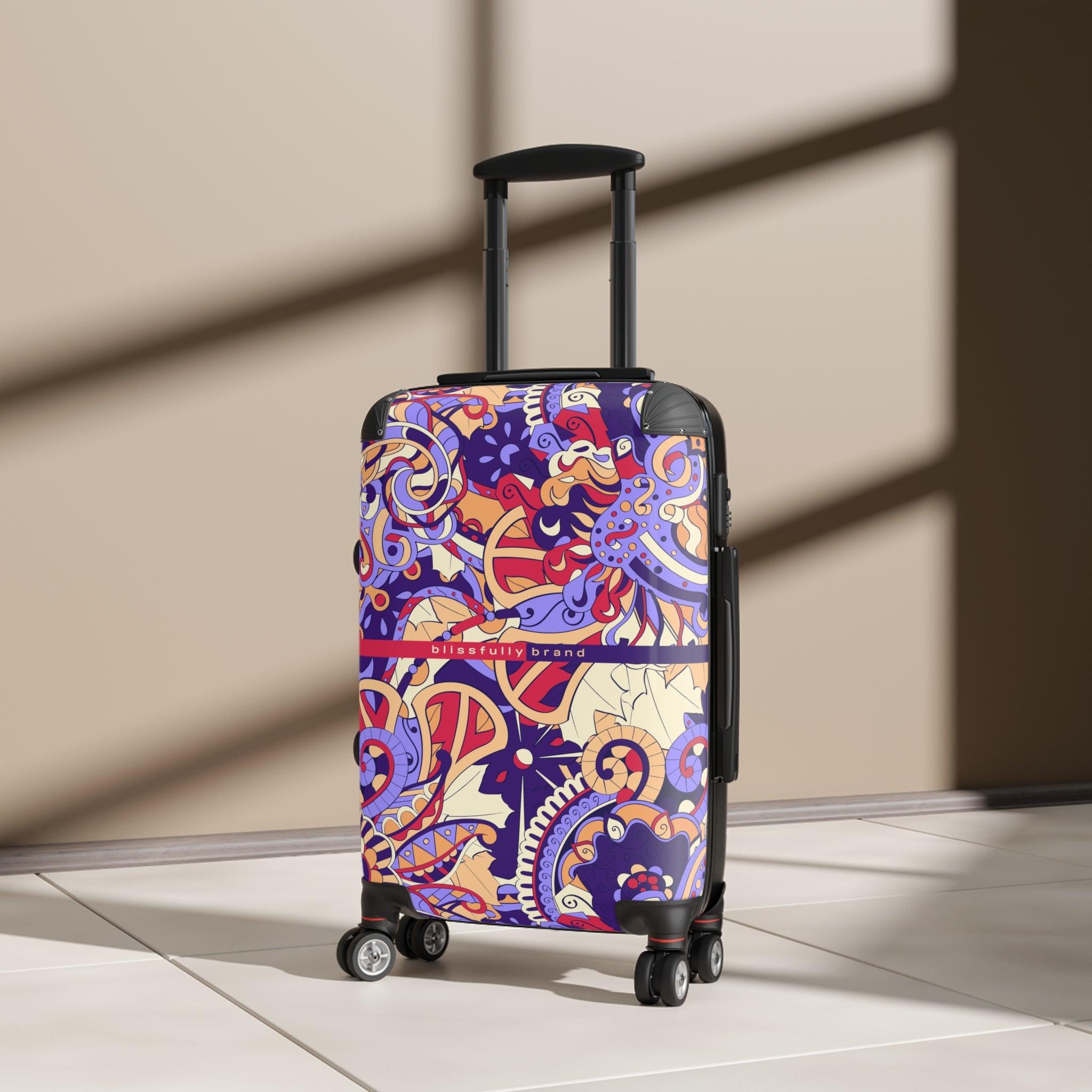Sechie Luggage Collection - Abstract Kaleidoscope Baroque Paisley Floral Print Psychedelic Retro Swirls Funky Multicolor Check in Carry On Roller 360 Hard Shell Unique Retro Vibrant Bold Eclectic Boho Chic Blue