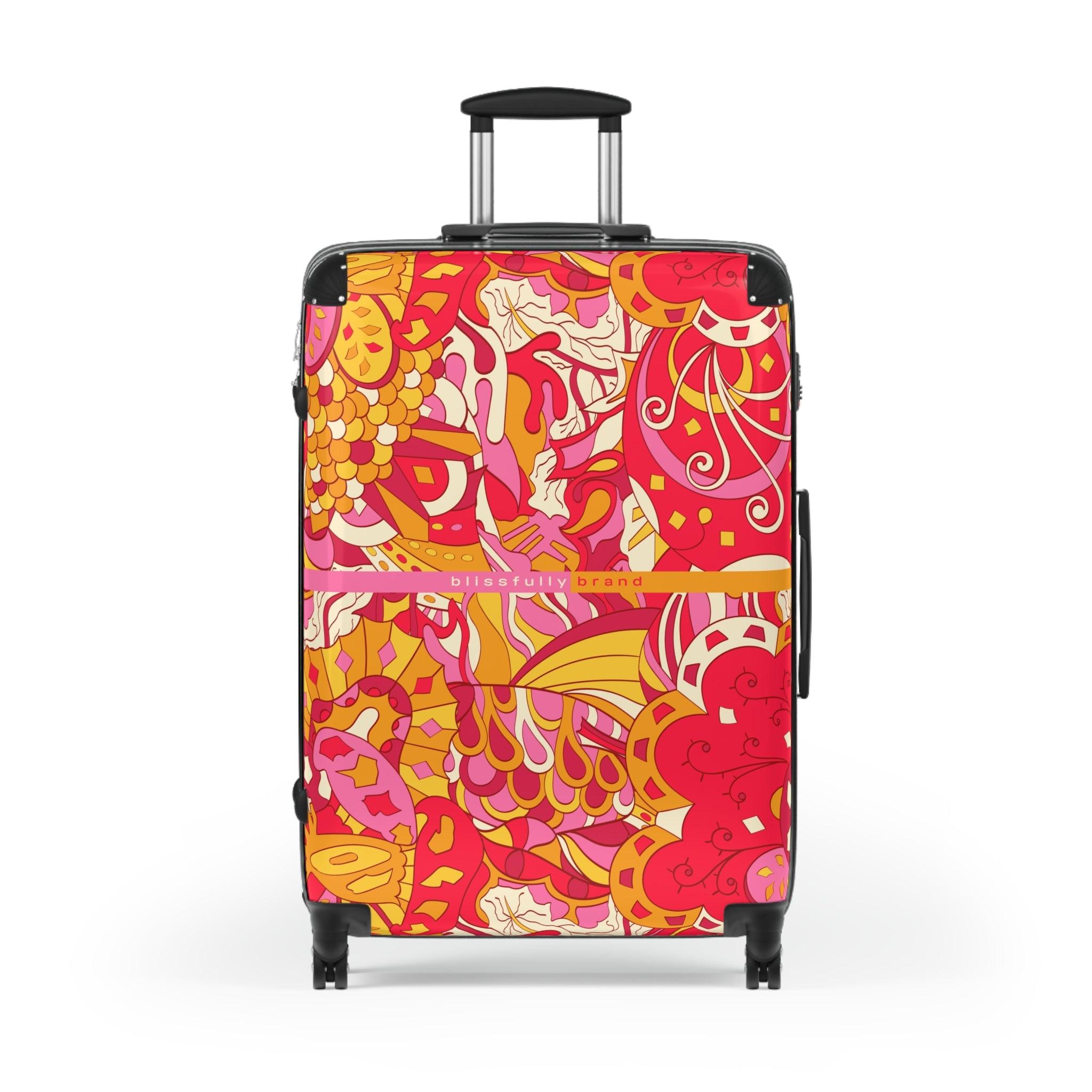 Decora Luggage Collection - Abstract Kaleidoscope Paisley Floral Print Psychedelic Retro Swirls Funky Red Pink Multicolor Check in Carry On Roller 360 Hard Shell Unique Retro Vibrant Bold