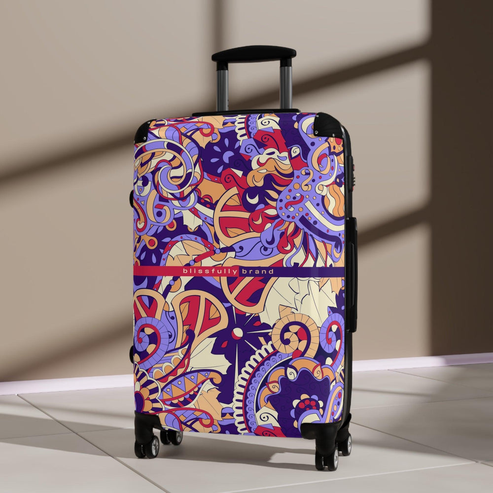 Sechie Luggage Collection - Abstract Kaleidoscope Baroque Paisley Floral Print Psychedelic Retro Swirls Funky Multicolor Check in Carry On Roller 360 Hard Shell Unique Retro Vibrant Bold Eclectic Boho Chic Blue