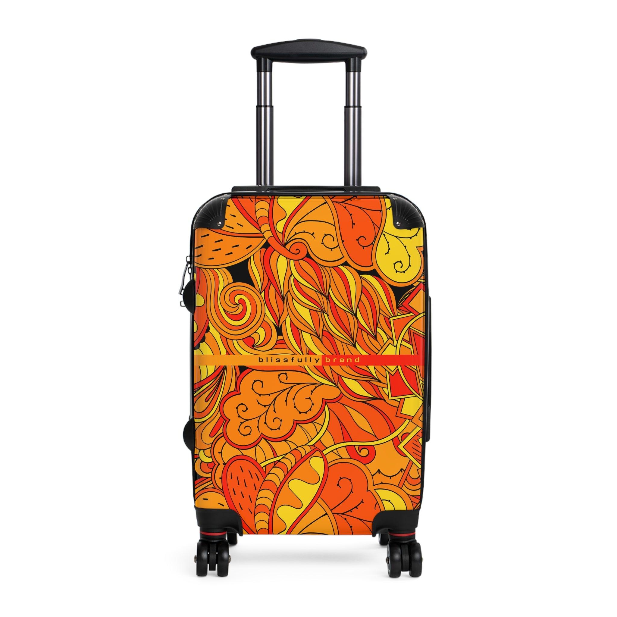 Mandra Luggage Collection - Abstract Kaleidoscope Paisley Floral Print Psychedelic Retro Swirls Funky Multicolor Check in Carry On Roller 360 Hard Shell Unique Retro Vibrant Bold Eclectic Black Orange