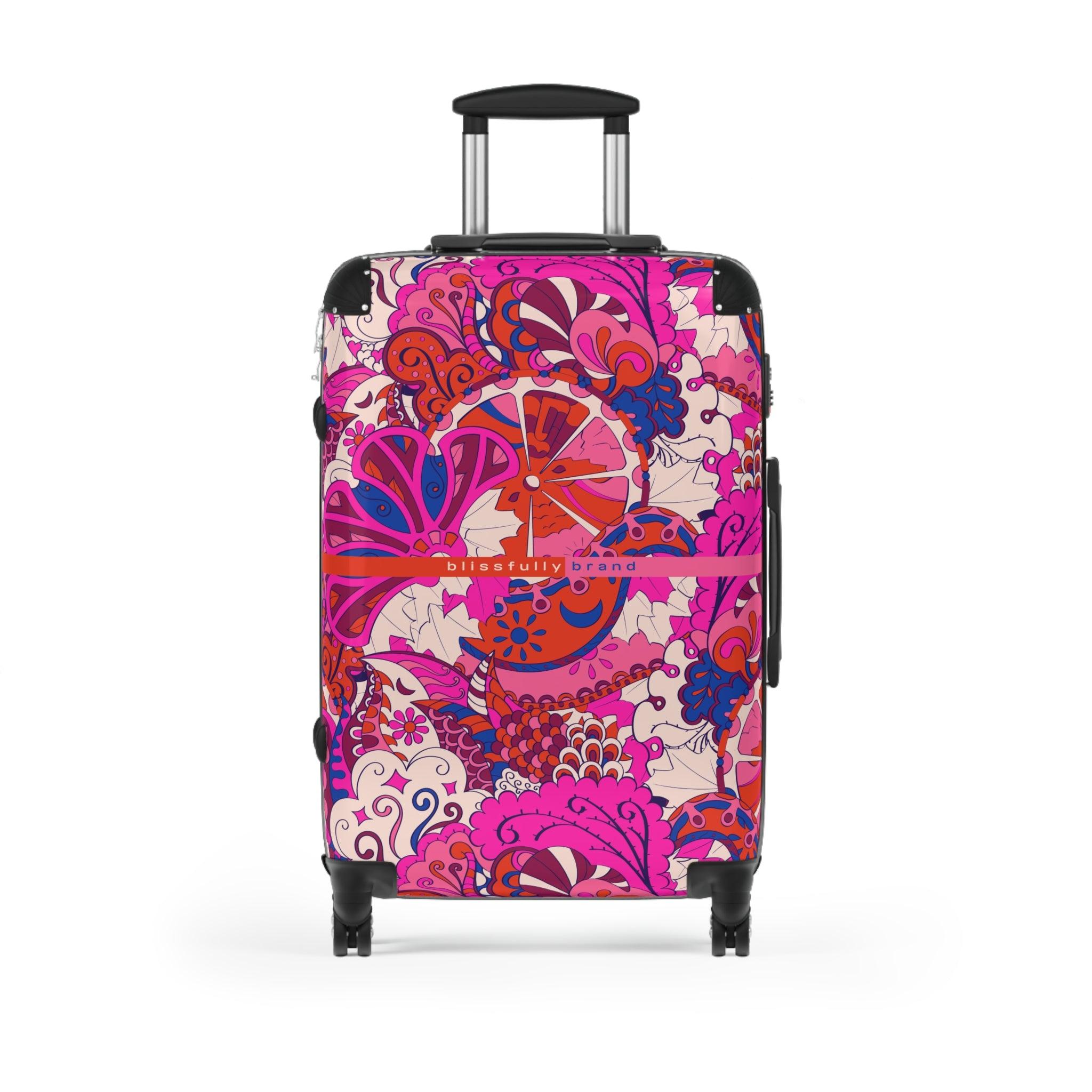 Sameria Luggage Collection - Abstract Kaleidoscope Paisley Floral Print Psychedelic Retro Swirls Funky Multicolor Check in Carry On Roller 360 Hard Shell Unique Retro Vibrant Bold Pink Red Flower Power