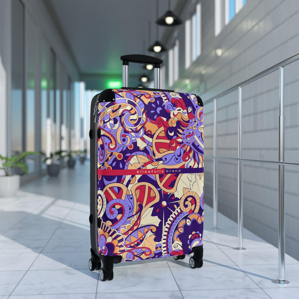 Sechie Luggage Collection - Abstract Kaleidoscope Baroque Paisley Floral Print Psychedelic Retro Swirls Funky Multicolor Check in Carry On Roller 360 Hard Shell Unique Retro Vibrant Bold Eclectic Boho Chic Blue