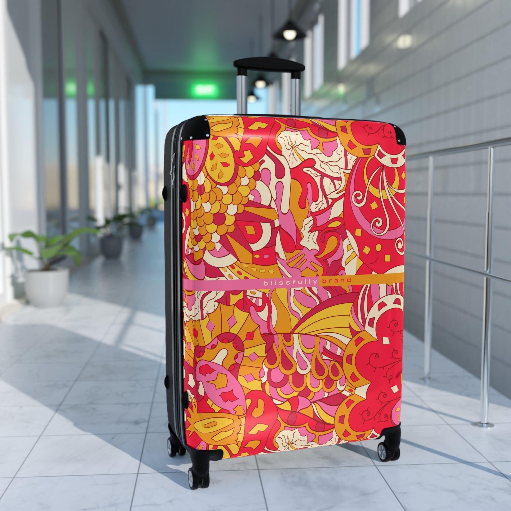 Decora Luggage Collection - Abstract Kaleidoscope Paisley Floral Print Psychedelic Retro Swirls Funky Red Pink Multicolor Check in Carry On Roller 360 Hard Shell Unique Retro Vibrant Bold