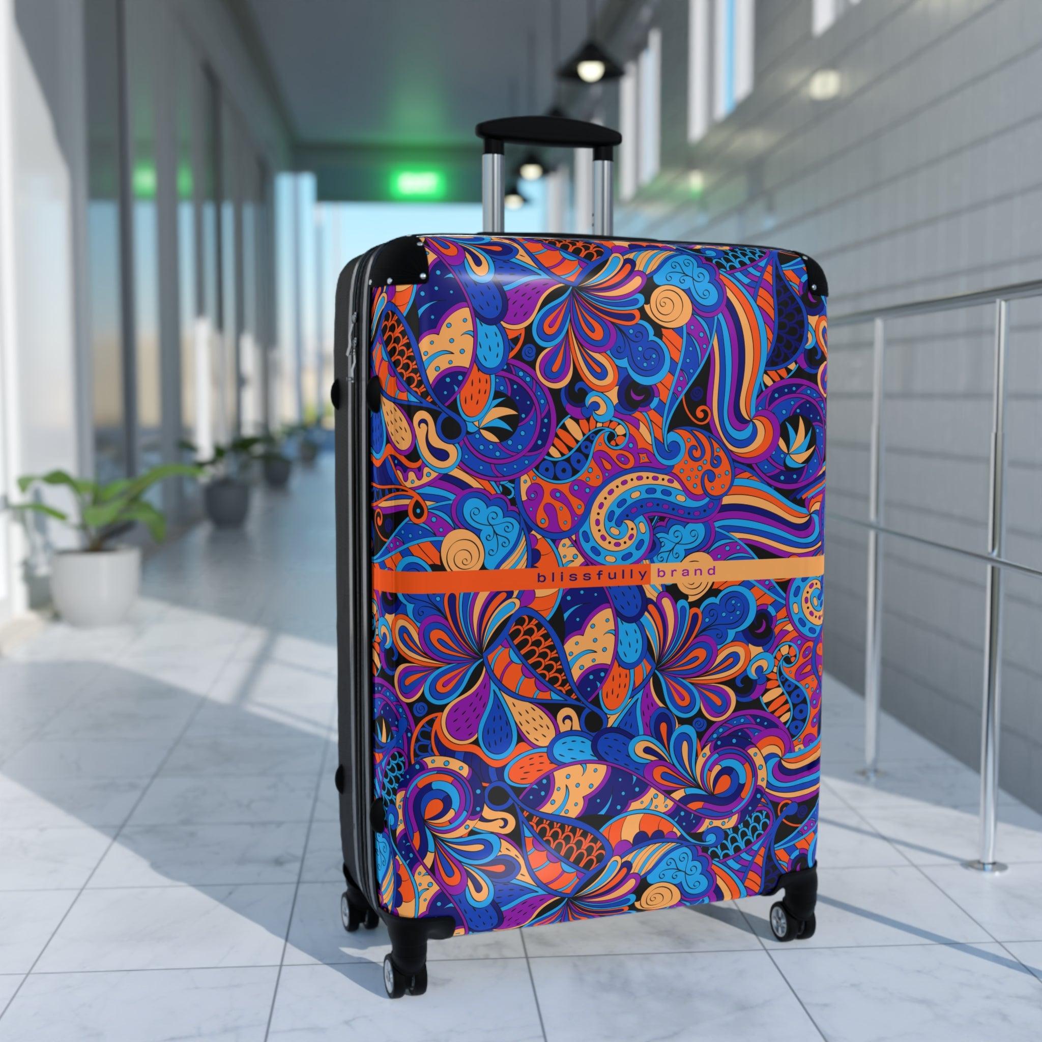 Jina Luggage Collection - Abstract Kaleidoscope Paisley Floral Print Psychedelic Retro Swirls Funky Multicolor Check in Carry On Roller 360 Hard Shell Unique Retro Vibrant Bold Blue Orange