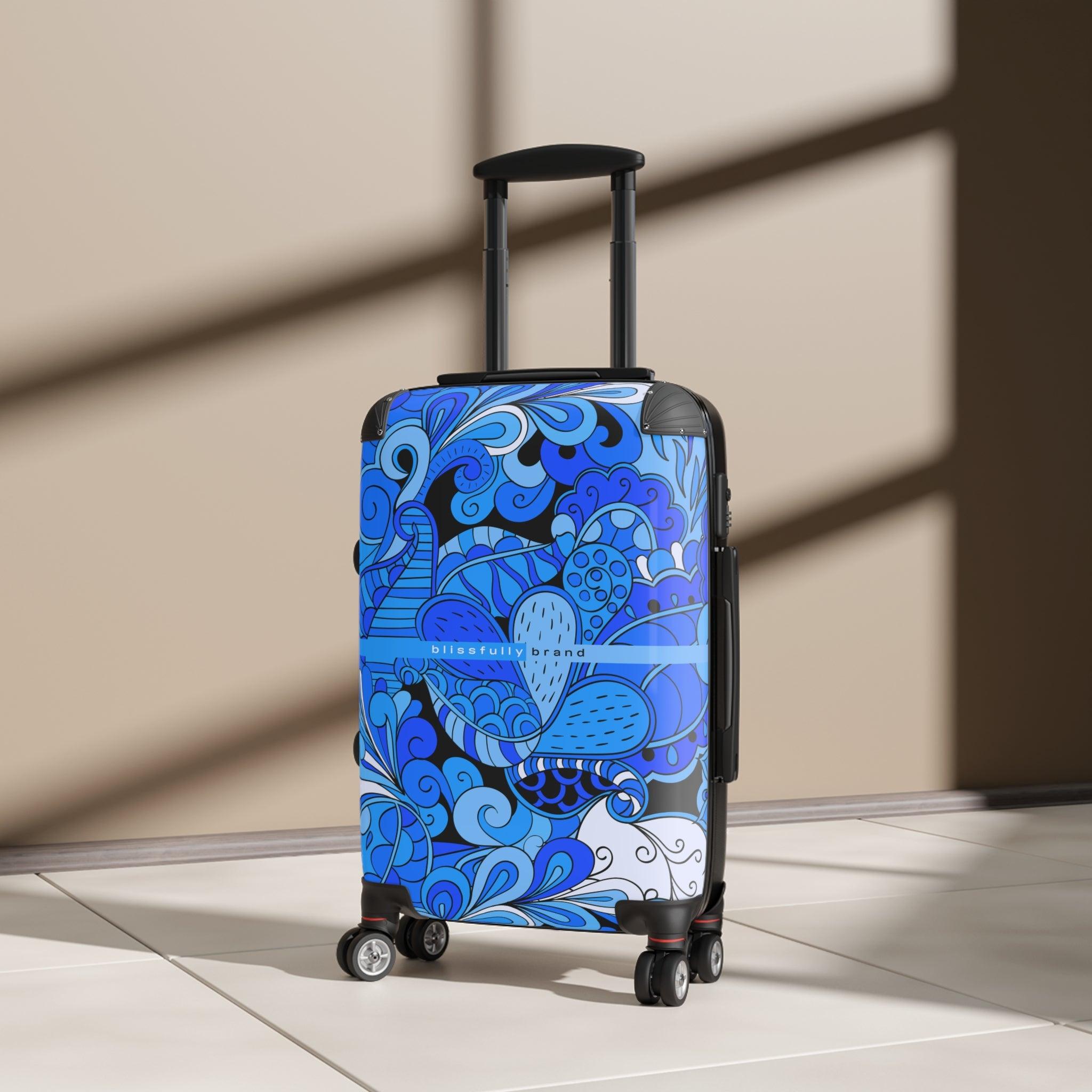 Ima Luggage Collection - Abstract Kaleidoscope Paisley Floral Print Psychedelic Retro Swirls Funky Multicolor Check in Carry On Roller 360 Hard Shell Unique Retro Vibrant Bold Blue