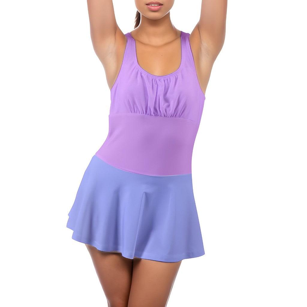 Imi Color Block Swimdress - Pleated Skirt - Violet |  Blue Tankini Criss Cross Back Two Tone Scoop Neck Ruffle Top Solid Retro Plus Size Vibrant