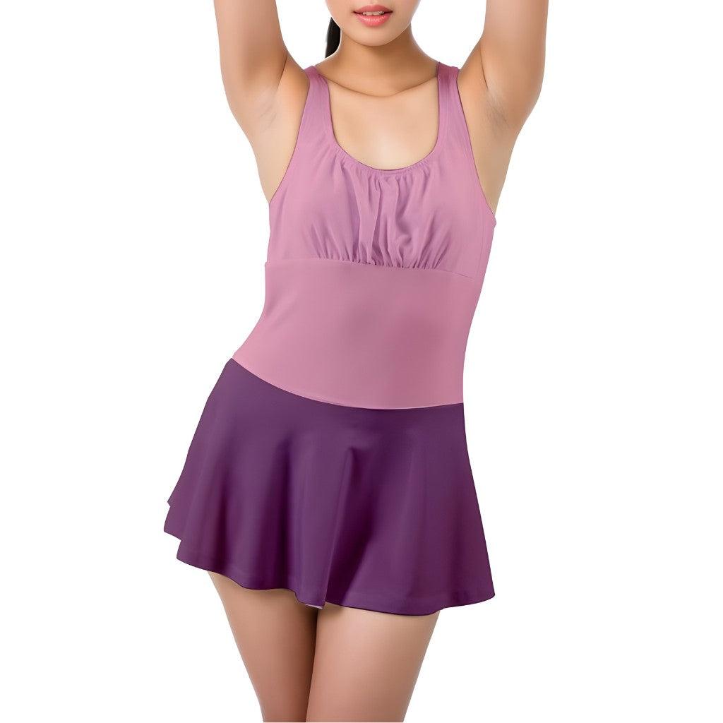 Antina Color Block Swimdress - Pleated Skirt Violet | Pink Tankini Solid Two Tone Retro Ruffle Criss Cross Top Swimwear Plus Size