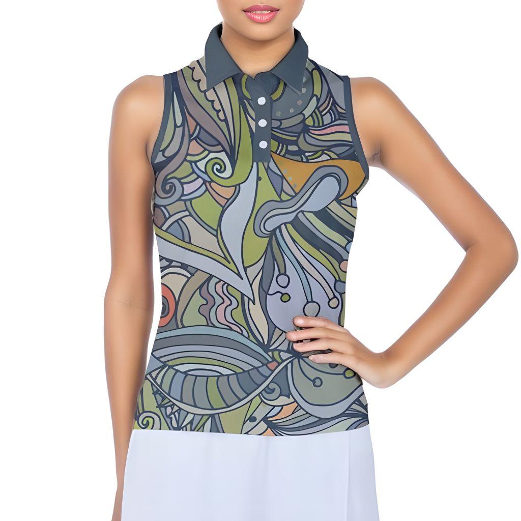 Jana Women's Sleeveless Polo Shirt - Green Abstract Paisley Floral Retro Psychedelic Tennis Wild Summer Yellow Brown Abstract Pattern