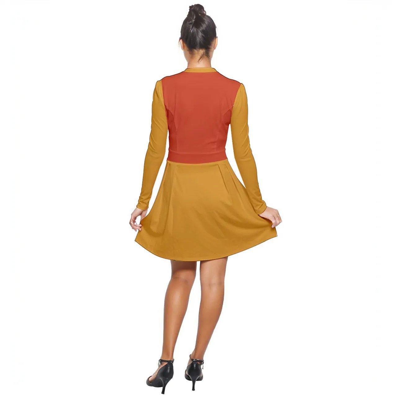 Inela Mandarin Collar Color Block Long Sleeve Flare Dress - Blissfully Brand