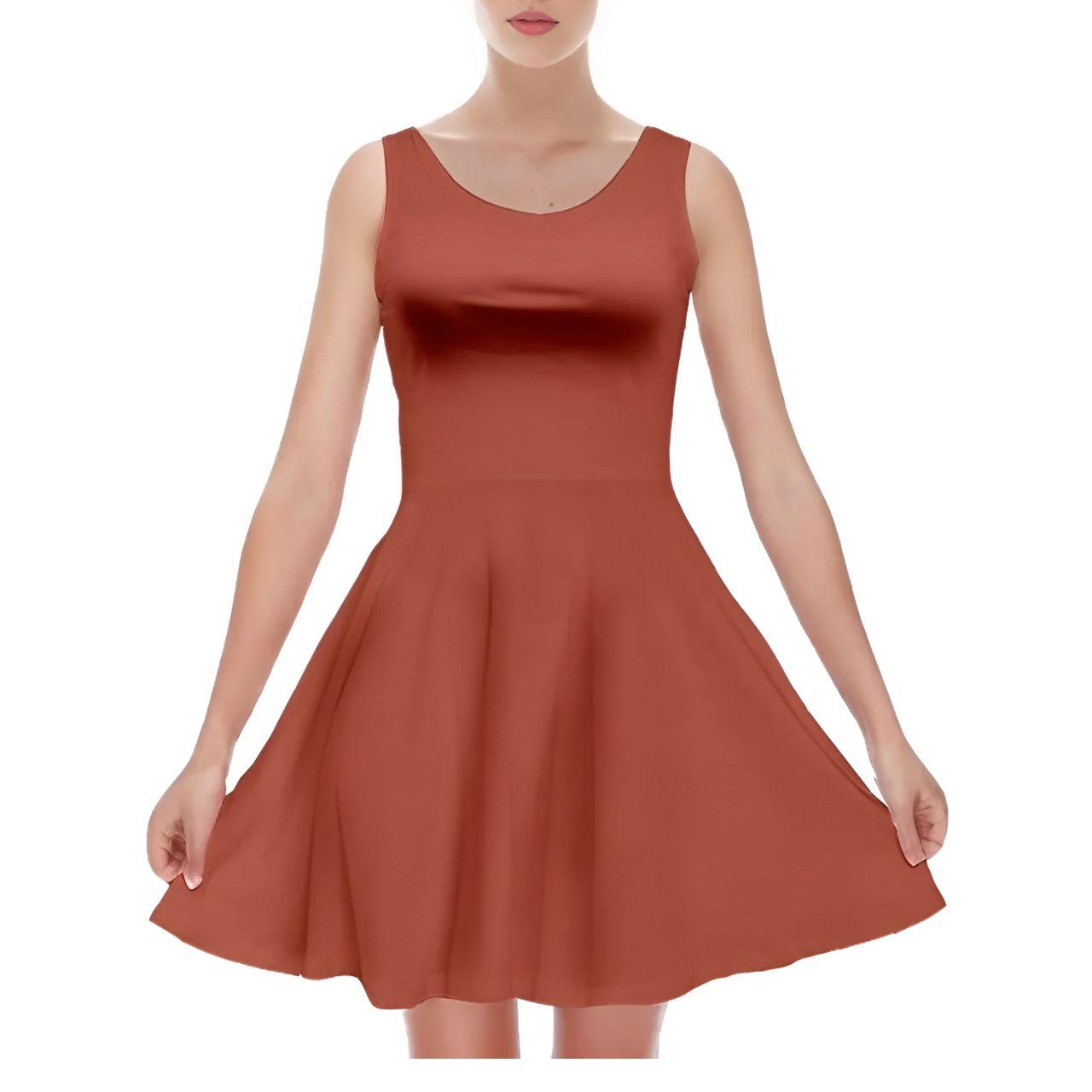 Ebisa Red Brown Velvet Skater Mini Fit & Flare Dress Dark Solid Coordinate Soft Swing Scoop Neck Plus Size