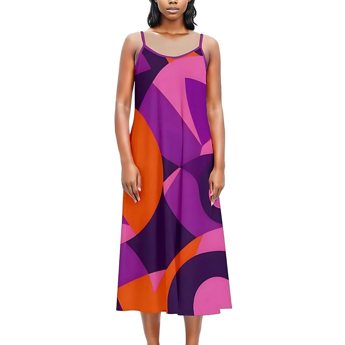 Casual Spaghetti Strap Summer Relaxed Midi Dress - Geometric Pop Art Violet Pink Orange Retro Funky Bold Blissfully Brand