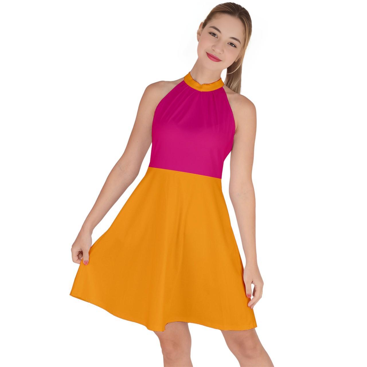 Airline Color Block Halter Neck A-Line Dress - Orange & Red Trendy Party Flare Dress Retro Bold Solid Blissfully Brand