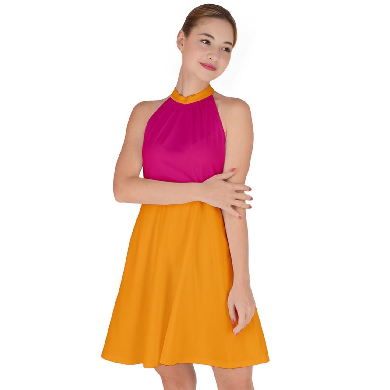 Airline Color Block Halter Neck A-Line Dress - Orange & Red Trendy Party Flare Dress Retro Bold Solid Blissfully Brand