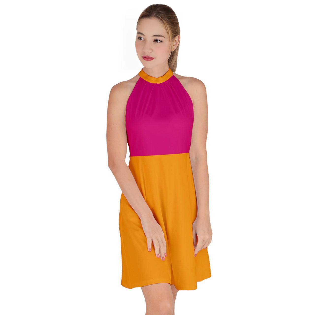 Airline Color Block Halter Neck A-Line Dress - Orange & Red Trendy Party Flare Dress Retro Bold Solid Blissfully Brand