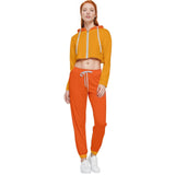 Vibrant Contrast Color Block Two-Piece Set Featuring a Cropped Hoodie and Jogger Pants - This stylish two-piece set includes a bold orange cropped hoodie with a no hemline stitch and matching jogger pants with adjustable drawstrings. The perfect blend of casual athleisure comfort and trendy fashion, ideal for both lounging and outdoor activities. 