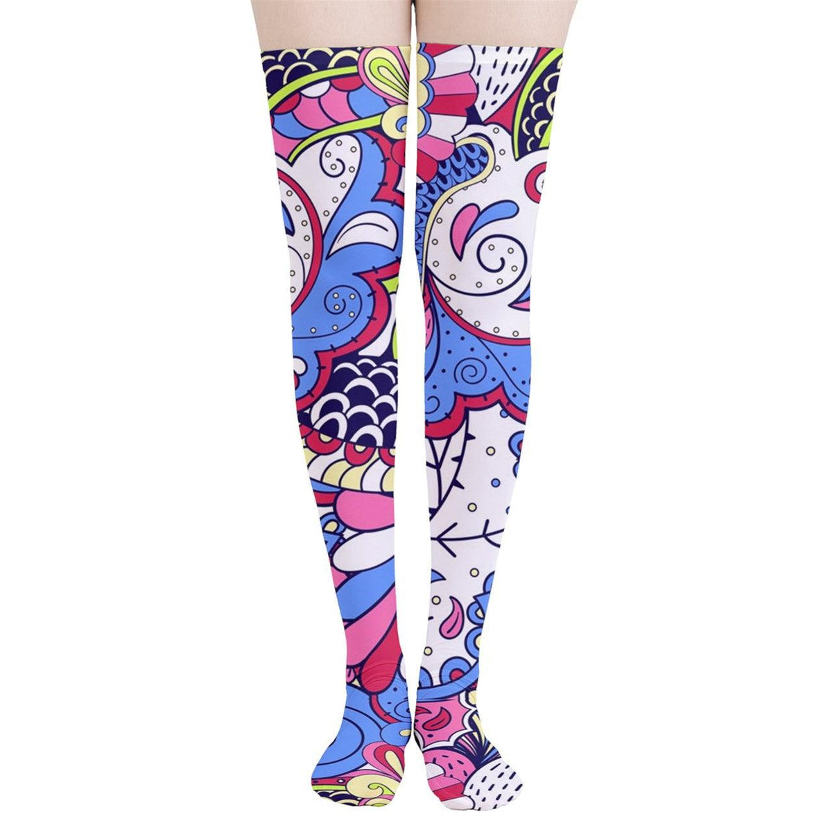 Colorful psychedelic pattern stockings for women, vibrant blue, pink, and white design, high-quality comfortable fabric