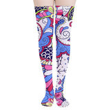 Colorful psychedelic pattern stockings for women, vibrant blue, pink, and white design, high-quality comfortable fabric