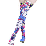 Colorful abstract Retro patterned thigh-high stockings with swirls and shapes in blue, pink, and white