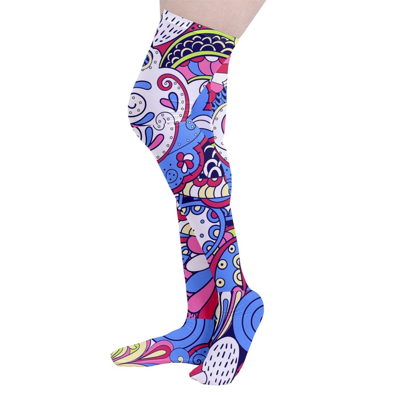 Bold Vibrant Vintage Inspired psychedelic pattern stockings for women, vibrant blue, pink, and white design, high-quality comfortable fabric