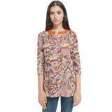  colorful retro-inspired tunic top with psychedelic swirl pattern  in shades of orange, purple, and beige. The top has 3/4 sleeves and a flattering fit.