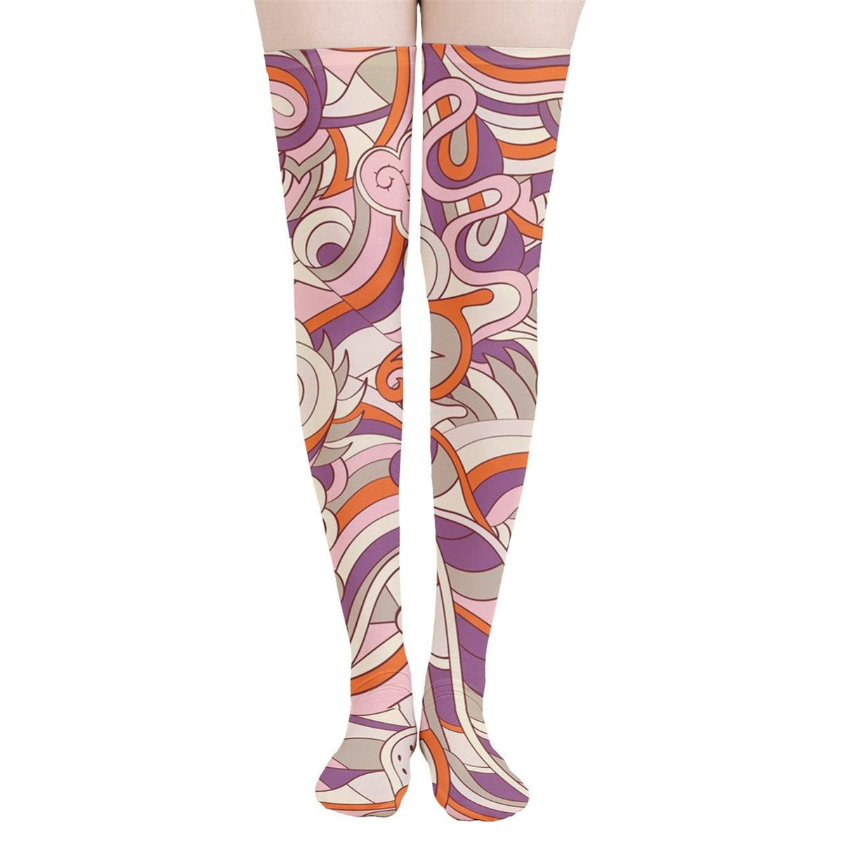 Thigh High Stockings with Abstract Swirling Design in Orange, Pink and Purple