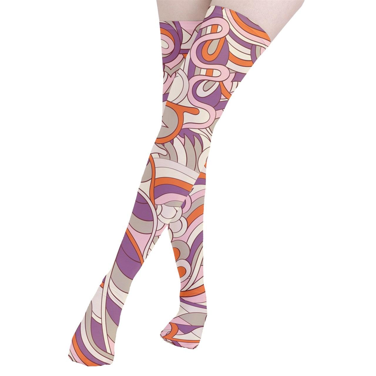 Thigh High Stockings with Abstract Swirling Psychedelic Retro Design in Orange, Pink and Purple